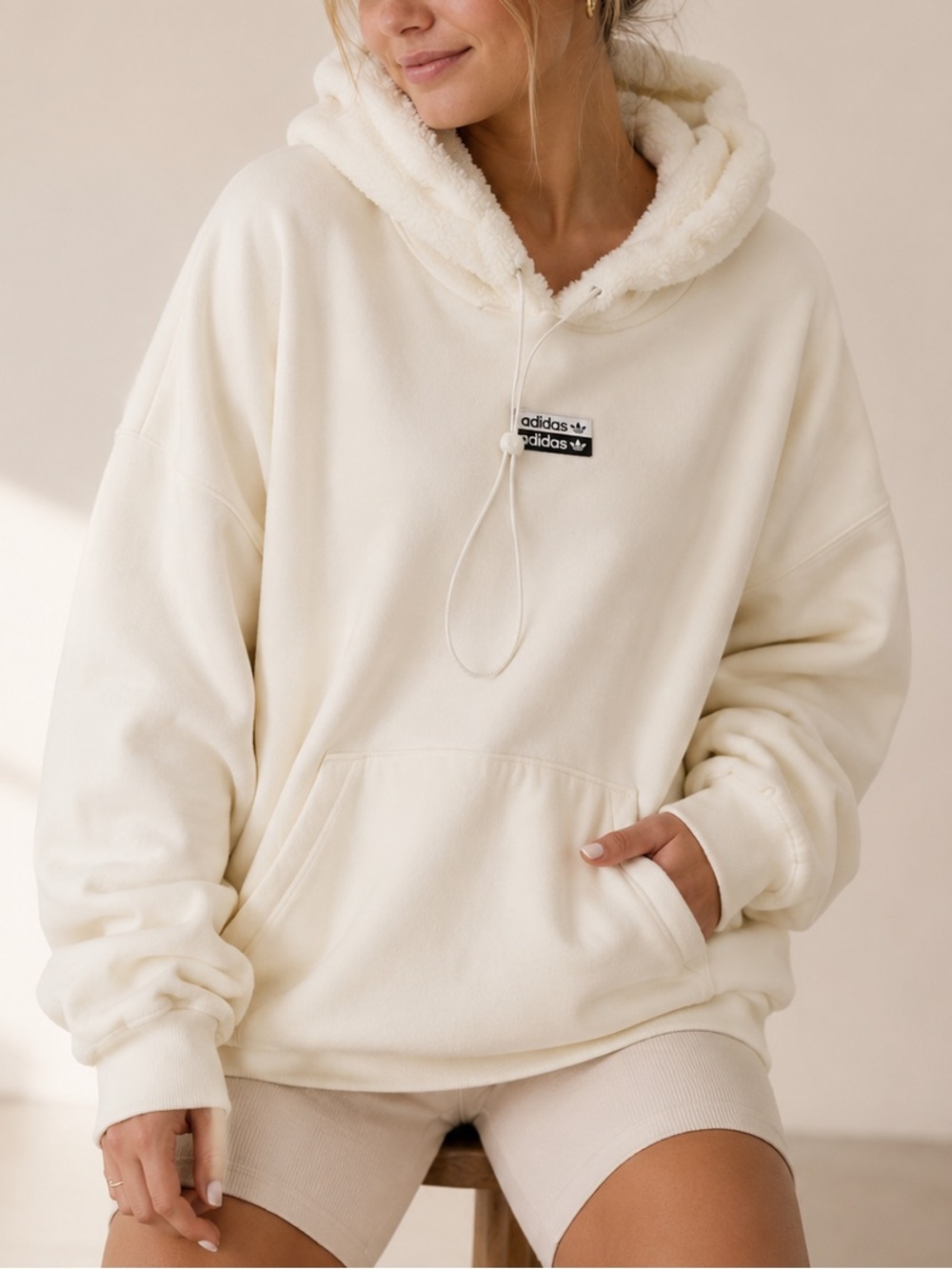 ⚡️ADIDAS Spring Layering Cream Hoodie Sherpa Lined Hood Pullover Unisex Sz L